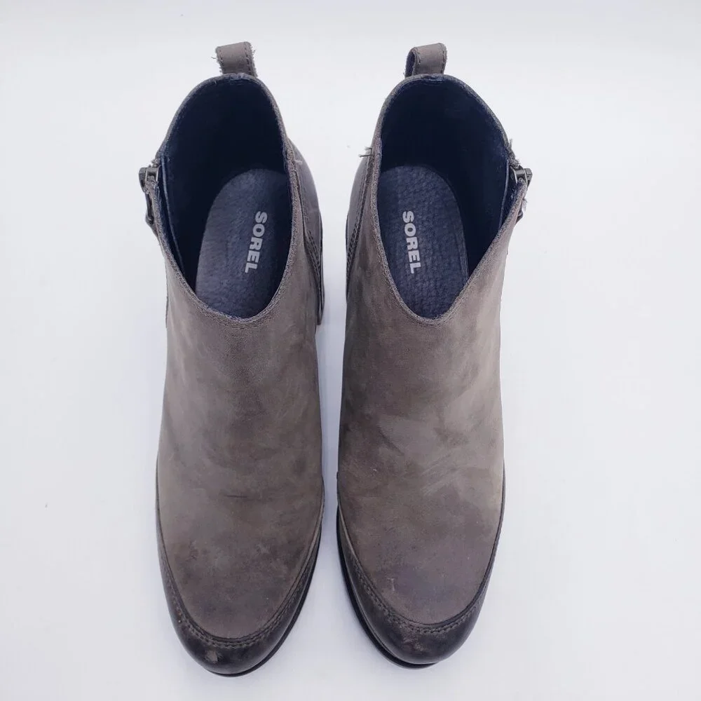 Sorel Blake Ankle Bootie‎ Platform Chunky Block Heel Side Zip Quarry Size 9.5